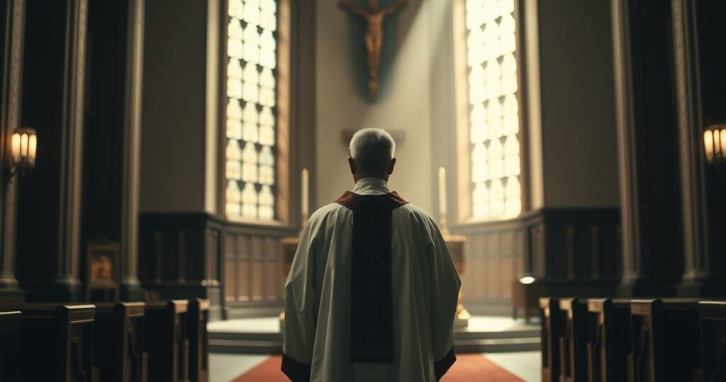 Obraz przedstawiający kościelną scenę w duchu katolickim, ukazującą duchowy kryzys i krytykę modernistycznej zgnilizny w Kościele