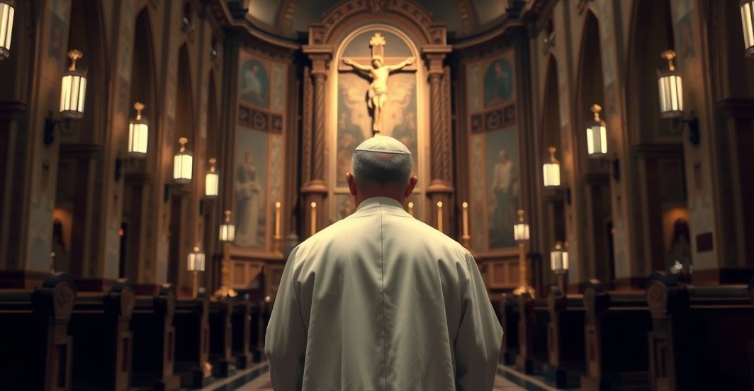 Ksiądz przed ołtarzem krytykujący finansową moralność Poważny katolicki ksiądz w tradycyjnej szacie, stojący przed ołtarzem z krucyfiksem w kościele, wyrażający troskę o moralność i krytykę współczesnych praktyk finansowych