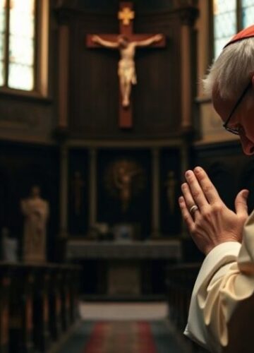 Ksiądz modlący się w kościele jako symbol duchowego kryzysu w Kościele katolickim Ksiądz w tradycyjnych szatach modlący się w kościele, symbolizujący duchową refleksję nad kryzysem moralnym w Kościele katolickim