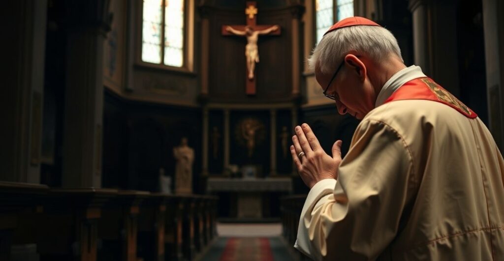 Ksiądz w tradycyjnych szatach modlący się w kościele, symbolizujący duchową refleksję nad kryzysem moralnym w Kościele katolickim
