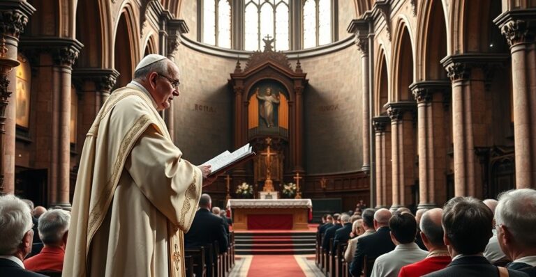 Reverent Catholic priest w kazaniu w tradycyjnej świątyni, podkreślający konieczność wiernej posłuszeństwa wobec prawdy Kościoła