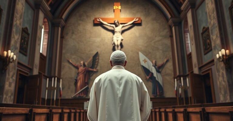 Reverent Catholic priest w kościele, symbolizujący kryzys duchowy i brak Chrystusa w świecie, refleksja nad globalnym upadkiem