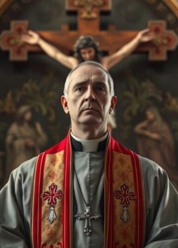 Ksiądz przed krucyfiksem jako symbol katolickiej prawdy Ksiądz w tradycyjnych szatach przed krucyfiksem, symbolizujący katolicką prawdę i opór wobec nowoczesnych błędów