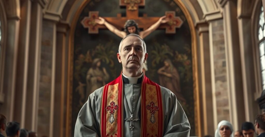 Ksiądz w tradycyjnych szatach przed krucyfiksem w kościele, symbolizujący pobożność i krytykę posoborowego modernizmu