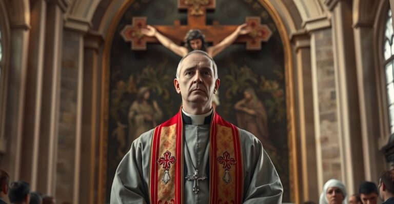 Ksiądz w tradycyjnych szatach przed krucyfiksem, symbolizujący katolicką prawdę i opór wobec nowoczesnych błędów