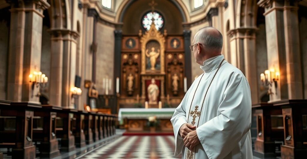 Reverentny obraz katolickiego księdza w historycznym kościele, podkreślający duchową powagę i wierność naukom Kościoła