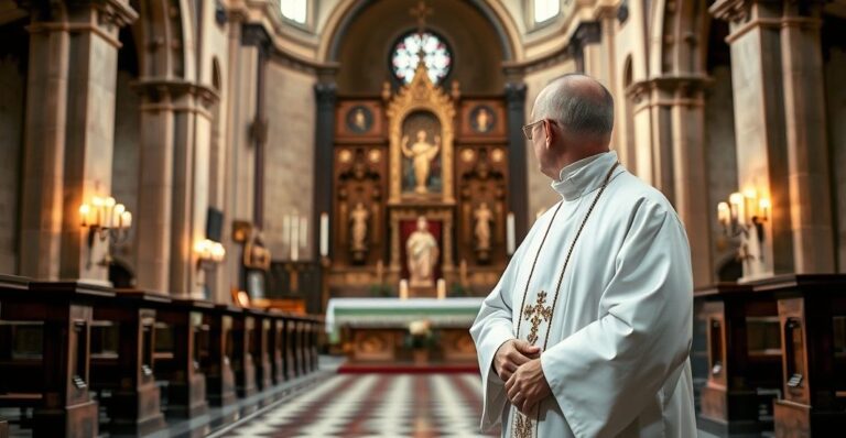 Reverentny obraz katolickiego księdza w historycznym kościele, podkreślający duchową powagę i wierność naukom Kościoła