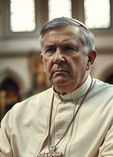 Ksiądz katolicki w tradycyjnym stroju, krytyczny obraz odchyleń w Kościele Ksiądz katolicki w tradycyjnym ornacie, poważnie patrzący w kamerę, w ołtarzowym otoczeniu, wyrażający krytyczną postawę wobec nowoczesnych odchyleń w Kościele