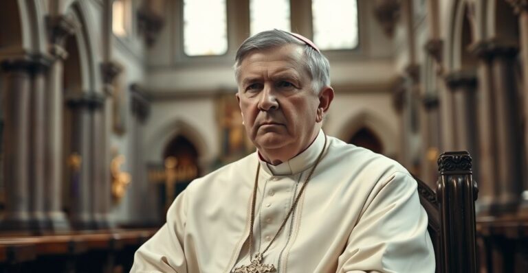Ksiądz katolicki w tradycyjnym ornacie, poważnie patrzący w kamerę, w ołtarzowym otoczeniu, wyrażający krytyczną postawę wobec nowoczesnych odchyleń w Kościele