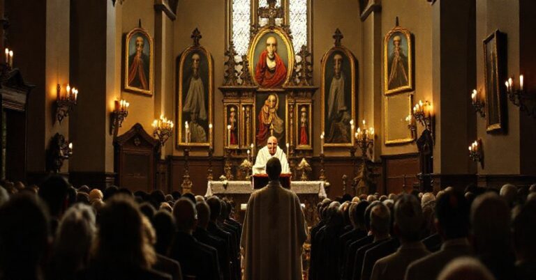 Ciemny wnętrze kościoła z poważnym zebraniem wiernych wokół ołtarza ozdobionego kontrowersyjnymi obrazami. Na ambonie stoi duchowny wygłaszający pouczenie o niebezpieczeństwach fałszywego kultu.