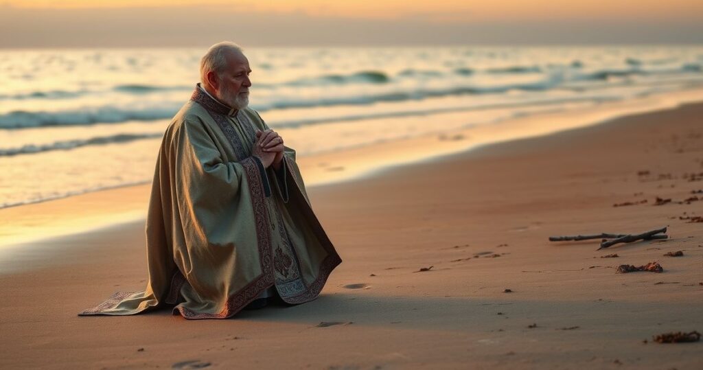 Reczny katolicki kapłan modlący się na spokojnej, pustej plaży nad Bałtykiem, symbolizujący głębię duchowej refleksji
