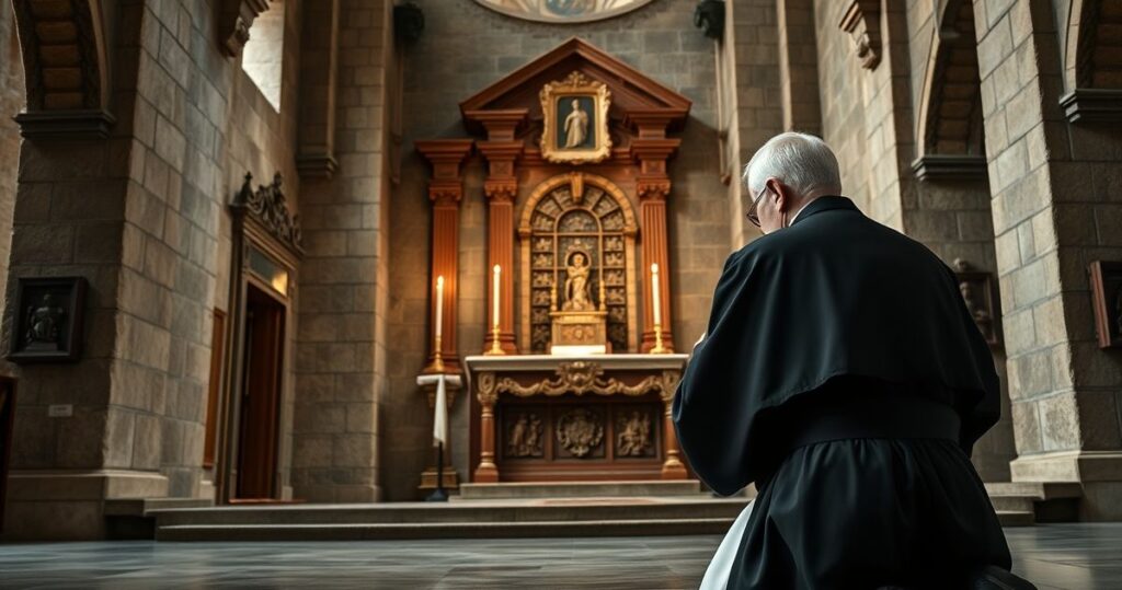 Realistyczne zdjęcie katolickiego kapłana modlącego się w tradycyjnej świątyni, ukazujące głębię wiary i pobożności.