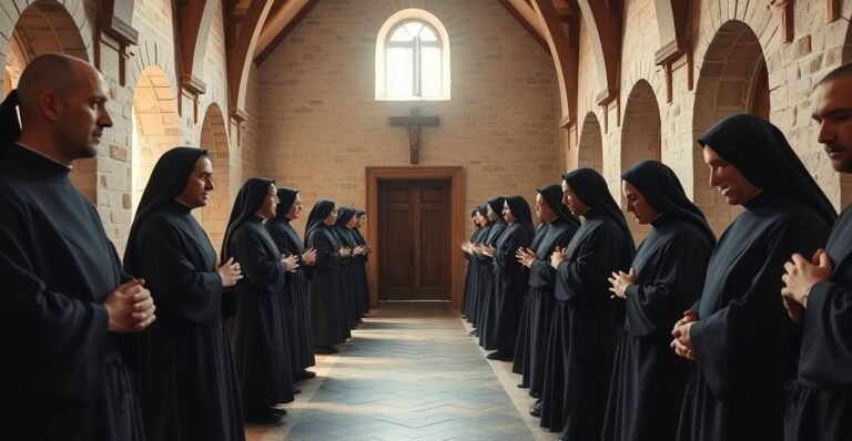 Obraz przedstawiający zakonników w habicie podczas modlitwy, symbolizujących prawdziwą katolicką ascezę i odrzucenie modernistycznych idei