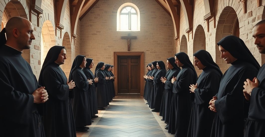 Obraz przedstawiający zakonników w habicie podczas modlitwy, symbolizujących prawdziwą katolicką ascezę i odrzucenie modernistycznych idei