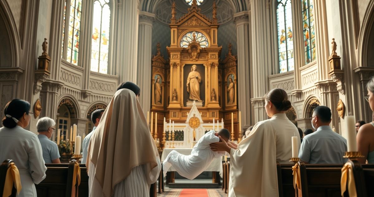 Rewerentny katolicki obrzęd chrztu w kościele, z rodzicami i chrzestnymi ubranymi w eleganckie, skromne stroje, oświetlony naturalnym światłem, oddający duchową powagę i piękno sakramentu.