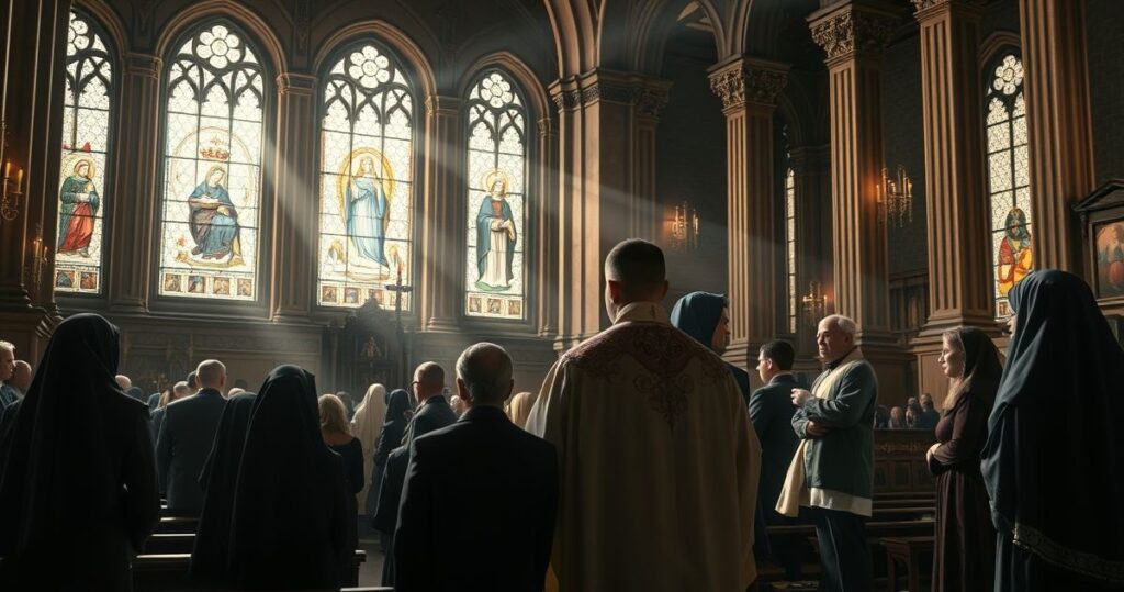 Realistyczny katolicki pogrzeb w tradycyjnym kościele, z kapłanem w liturgicznych szatach i wiernymi oddającymi cześć, wyrazem głębokiej modlitwy i szacunku, ukazujący kryzys wewnątrz Kościoła po Soborze Watykańskim II.
