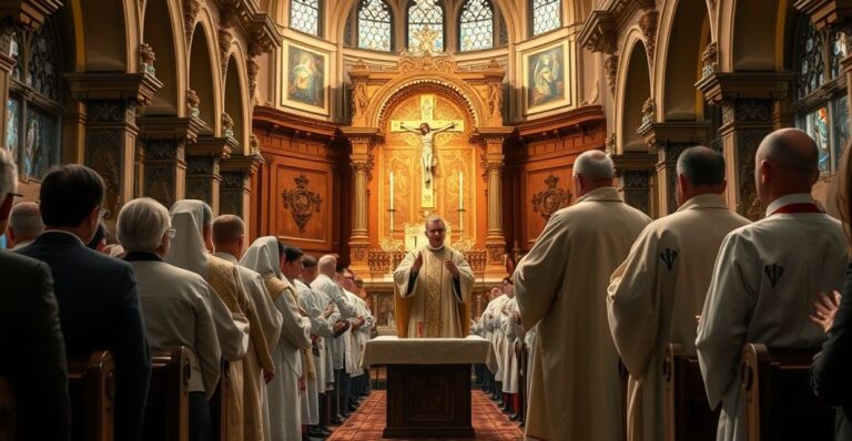 Realistyczne zdjęcie katolickiego pogrzebu w tradycyjnym kościele, ukazujące kapłanów, wiernych i liturgię, odzwierciedlające szacunek i wierność katolickiej liturgii