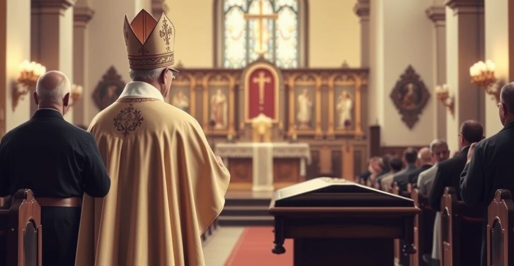 Requiem Catholicne w tradycyjnym kościele z biskupem w liturgicznej szacie podczas pogrzebu, symbolizujące powagę i wierność naukom Kościoła