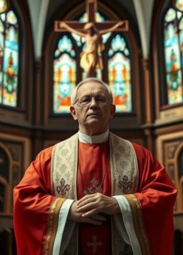 Zdjęcie katolickiego kapłana w świątyni jako symbol powagi moralnej Zdjęcie realistycznej, katolickiej świątyni z kapłanem w liturgicznych szatach, ukazujące powagę i duchową refleksję w kontekście moralnej i religijnej krytyki.