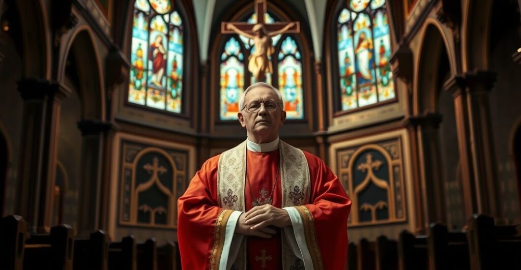 Zdjęcie realistycznej, katolickiej świątyni z kapłanem w liturgicznych szatach, ukazujące powagę i duchową refleksję w kontekście moralnej i religijnej krytyki.