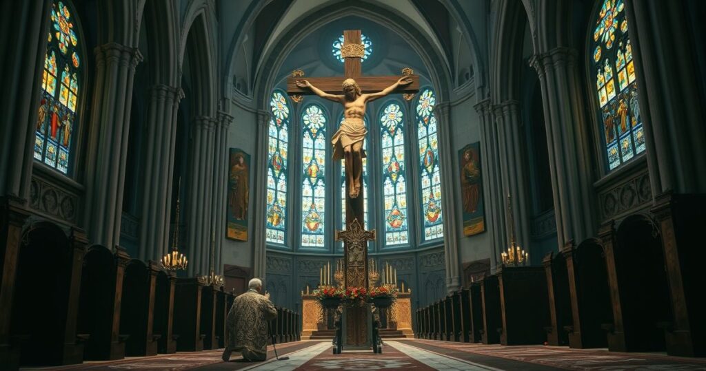 Duchown katolicki modlący się przed krzyżem w kościele, symbolizujący krytykę modernistycznego podejścia do pokoju i narodu
