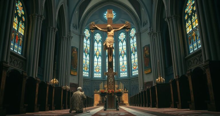 Duchown katolicki modlący się przed krzyżem w kościele, symbolizujący krytykę modernistycznego podejścia do pokoju i narodu
