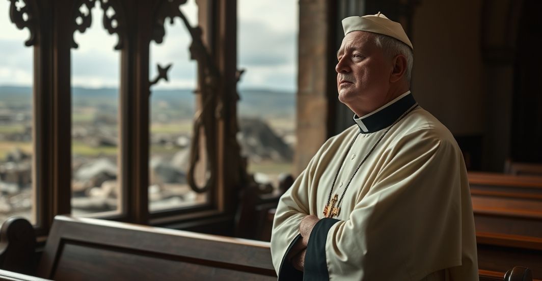 Rekolekcja modlitewna katolickiego kapłana w obliczu wojny Kapłan katolicki w sutannie modli się w kościele, za oknem widoczny zniszczony krajobraz wojny, symbolizujący duchowe zagrożenia i potrzebę nawrócenia wobec moralnego upadku