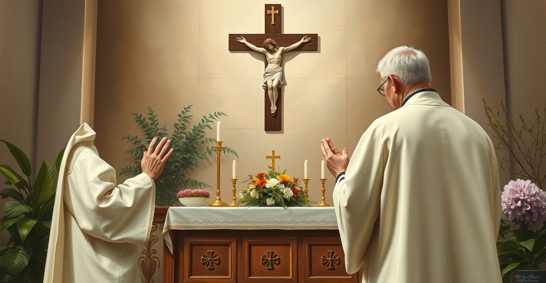 Catholic priest praying before altar, faithful to doctrine Kardynał modli się przed ołtarzem z krucyfiksem, symbolizując wierność katolickiemu nauczaniu o panowaniu nad stworzeniem