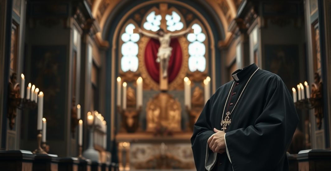 Kapłan katolicki w ornacie, w poważnym nastroju, w świątyni, symbolizujący moralny sprzeciw wobec milczenia Kościoła wobec agresji Rosji