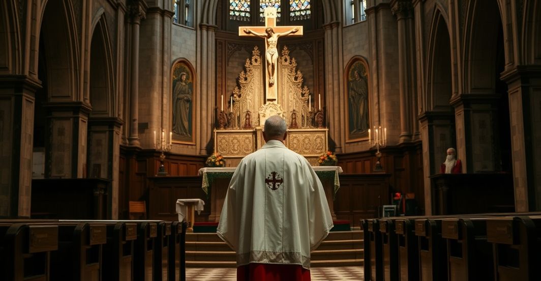 Tradycyjny kapłan przed ołtarzem w obliczu kryzysu katolickiej tożsamości Zdjęcie realistycznej, pełnej szacunku sceny kościelnej z tradycyjnym kapłanem przed ołtarzem, symbolizujące kryzys katolickiej doktryny w obliczu nowoczesnych zagrożeń i modernistycznych błędów