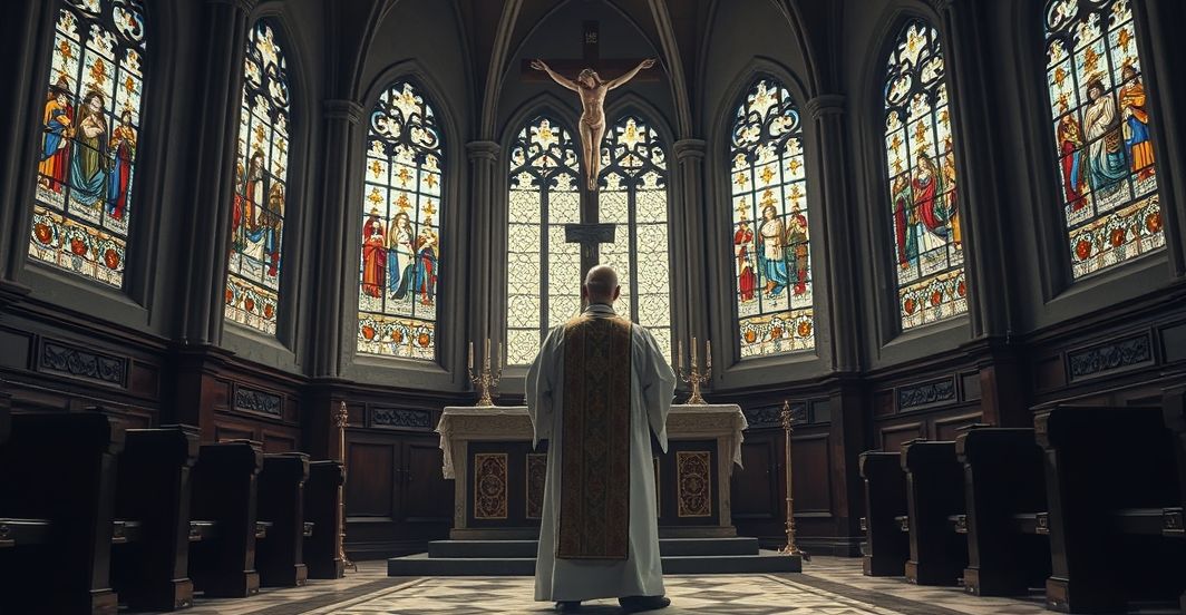 Kulturowa i moralna katastrofa elit wobec nauki Kościoła Kapłan w tradycyjnym stroju katolickim przed ołtarzem, symbolizujący moralny upadek elit i potrzebę powrotu do Bożego porządku