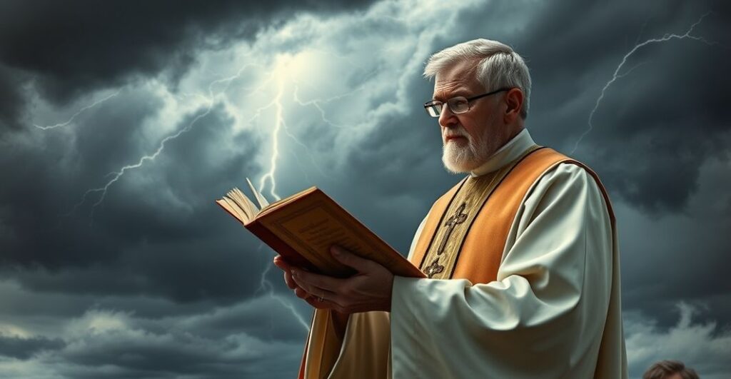 Reverent Catholic priest w modlitwie podczas burzy, symbolizujący władzę Chrystusa nad naturą i potrzebę pokuty