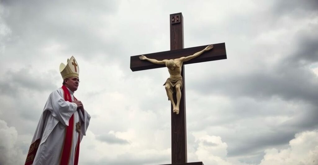 Kapłan katolicki modlący się przed krucyfiksem, symbolizujący duchową obronę Polski w obliczu zagrożeń z powietrza