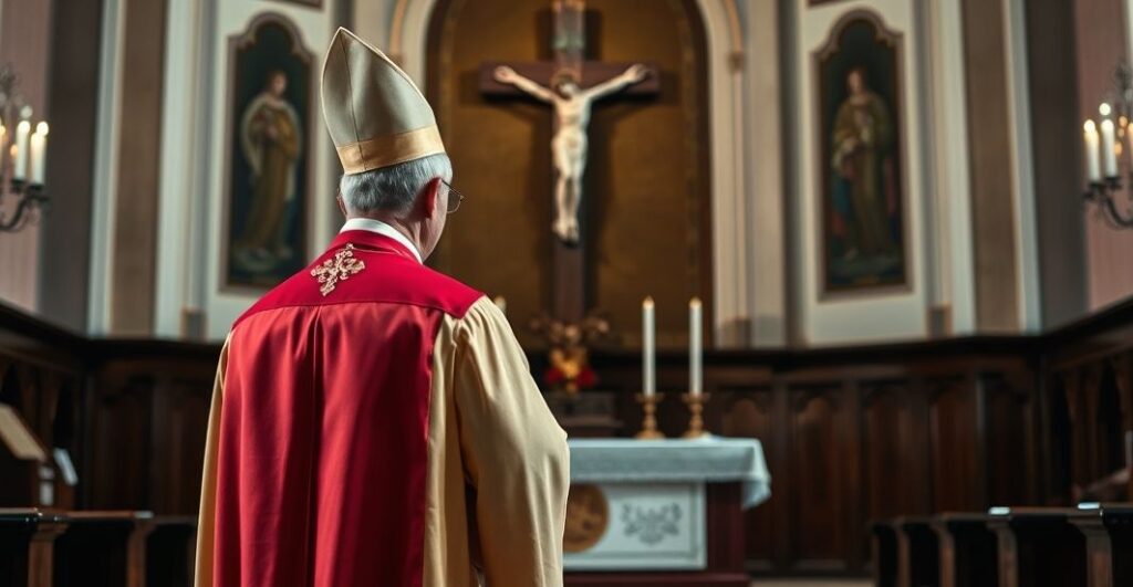 Fotografia realistycznego kapłana katolickiego w liturgicznych szatach, stojącego przed ołtarzem z krzyżem, wyrażającego powagę i krytykę modernistycznych działań kościelnych wobec konfliktu w Gazie