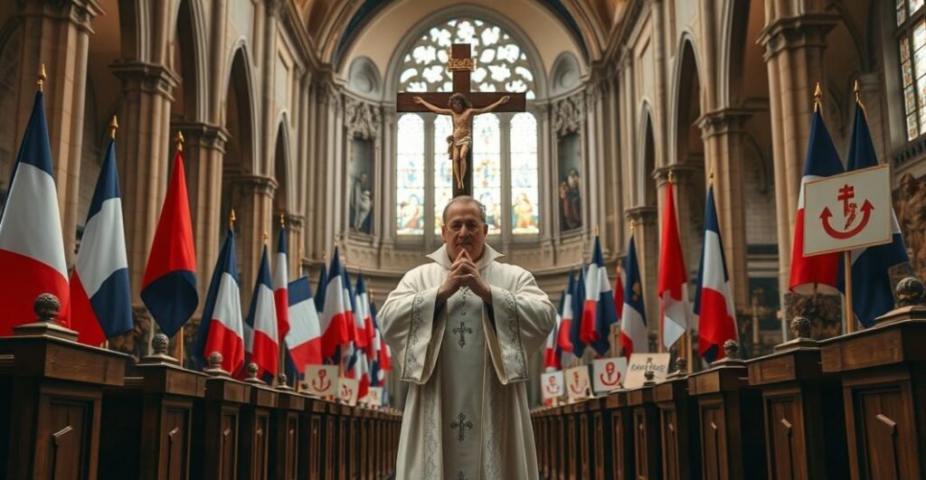 Szarofrancuski kapłan w kościele podczas protestu, symbolizujący duchową i polityczną kryzys Francji według katolickiej wizji.
