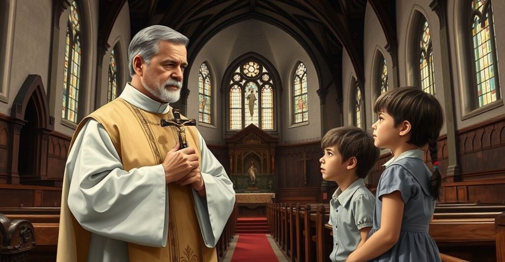 Reverent Catholic priest in church interior with children, symbolizing concern over modernist education infiltration