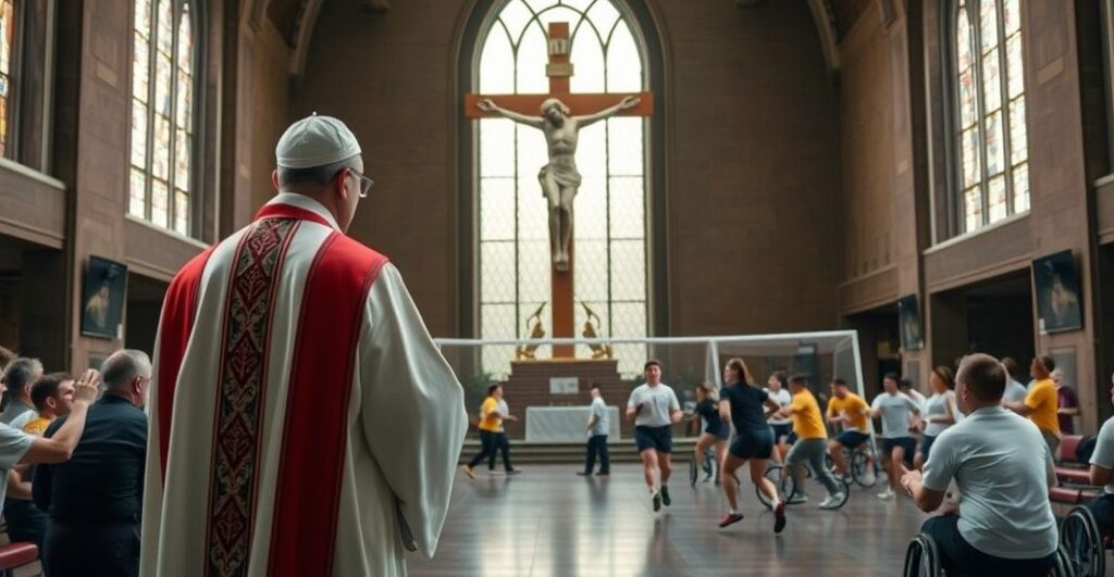 Ksiądz w tradycyjnych szatach patrzy na nowoczesne wydarzenie sportowe z niepełnosprawnymi w kościele, ukazując krytykę powierzchownego aktywizmu zamiast duchowego zbawienia.