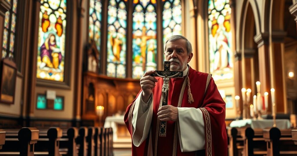 Realistyczny obraz starszego księdza w tradycyjnym stroju katolickim trzymającego krucyfiks w kościele z witrażami i świecami na ołtarzu, symbolizujący wiarę i moralną odwagę w obliczu współczesnych wyzwań ekonomicznych.