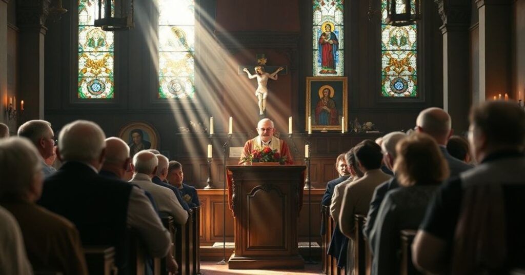 Wnętrze kościoła z oświetleniem z witraży, kapłan w tradycyjnych szatach wygłasza kazanie do zmartwychwstałej polskiej społeczności. Tło z krzyżem i ikonami świętych.