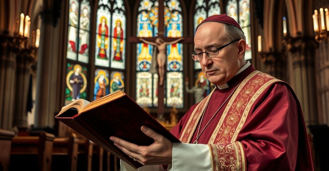 Kapłan w liturgicznym stroju czyta historyczną księgę w miejscu sakralnym, symbolizując walkę o prawdziwą wiarę w obliczu nowoczesnej propagandy