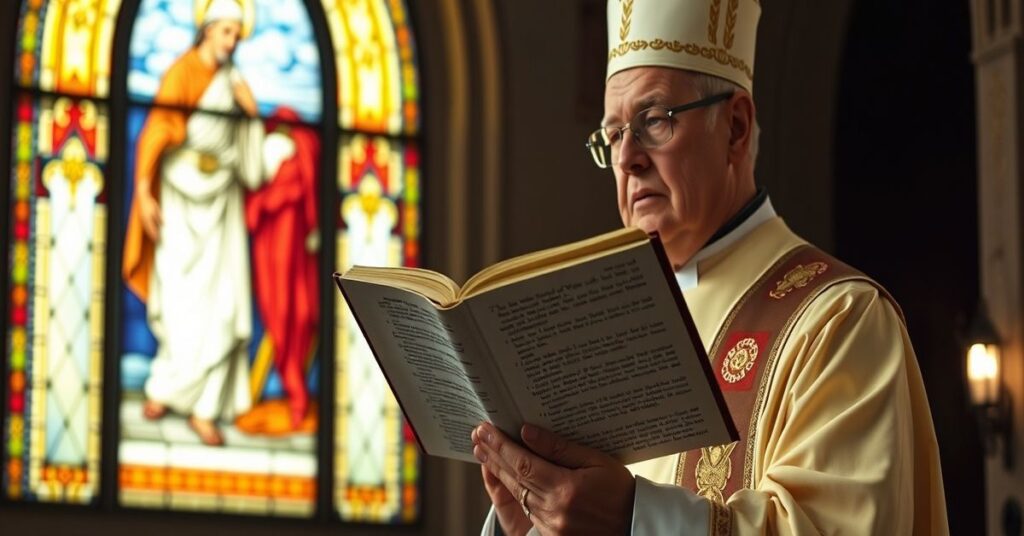 Ksiądz w tradycyjnych szatach liturgicznych trzyma Biblię z Ewangelią św. Jana w kościele z witrażem przedstawiającym cudowne uzdrowienie niewidomego.