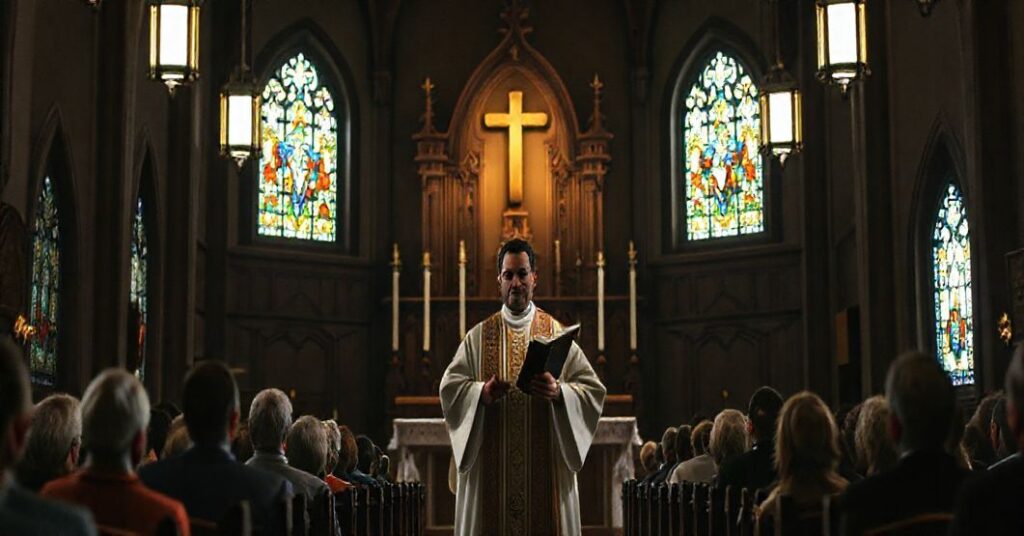 Wnętrze tradycyjnego kościoła katolickiego z kapłanem w ornatach wygłaszającym kazanie przed zebranym gronem wiernych. Scena jest poważna i nawiązuje do problemu modernizmu w Kościele.