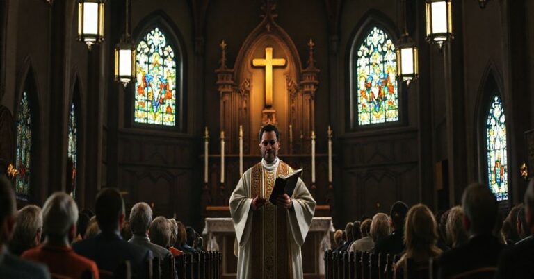 Wnętrze tradycyjnego kościoła katolickiego z kapłanem w ornatach wygłaszającym kazanie przed zebranym gronem wiernych. Scena jest poważna i nawiązuje do problemu modernizmu w Kościele.