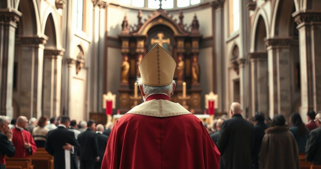 Szczegółowe zdjęcie katolickiego biskupa w tradycyjnym stroju przed katedrą, symbolizujące powagę i tradycję Kościoła katolickiego