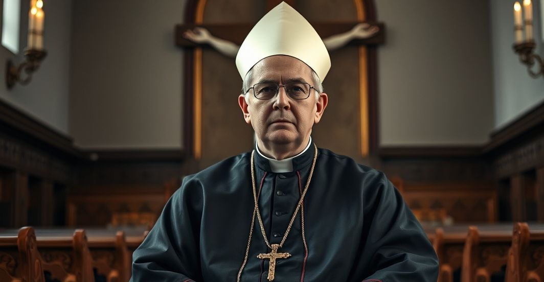 Ksiądz biskup w tradycyjnej sutannie w kościele, zaniepokojony kryzysem wiary i zdradą katolickiej doktryny