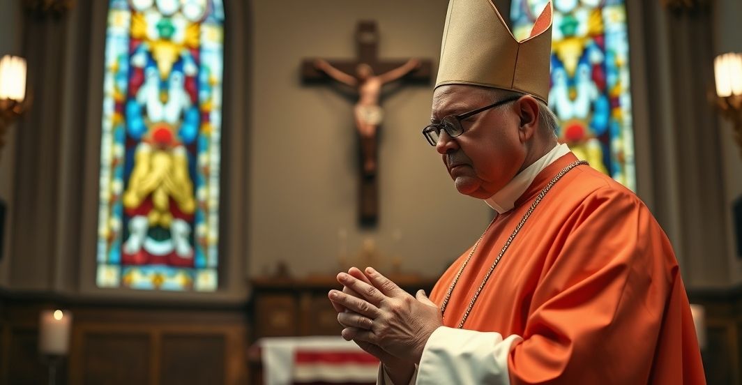 Katolicki biskup modli się w świątyni, podkreślając duchowe wartości i autorytet Kościoła