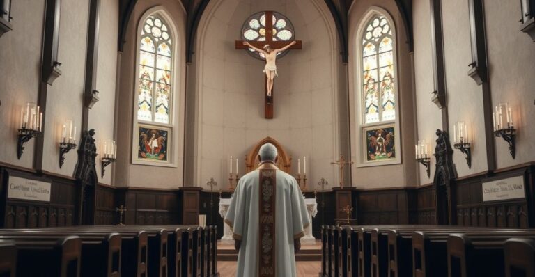 Reverent Catholic bishop w modlitewnym skupieniu przed ołtarzem w tradycyjnym kościele, symbolizujący wiarę i nadprzyrodzoną prawdę.