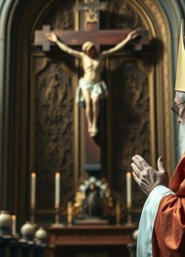 Reverentny obraz katolickiego biskupa w kontekście krytyki hierarchii Reverentny obraz katolickiego biskupa modlącego się przed krucyfiksem w kościele, symbolizujący troskę o prawdziwą wiarę i krytykę modernistycznej hierarchii