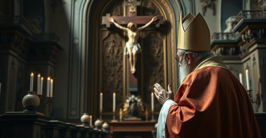 Reverentny obraz katolickiego biskupa modlącego się przed krucyfiksem w kościele, symbolizujący troskę o prawdziwą wiarę i krytykę modernistycznej hierarchii
