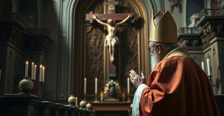 Reverentny obraz katolickiego biskupa modlącego się przed krucyfiksem w kościele, symbolizujący troskę o prawdziwą wiarę i krytykę modernistycznej hierarchii